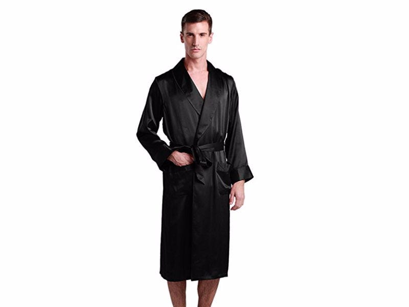 a man wears a black silk robe from Lily Silk