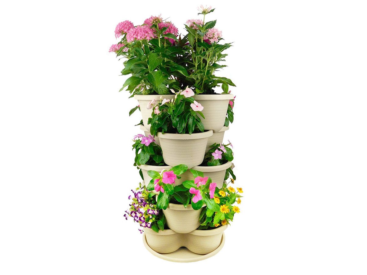 The best stackable indoor herb garden with five levels of three pots each.