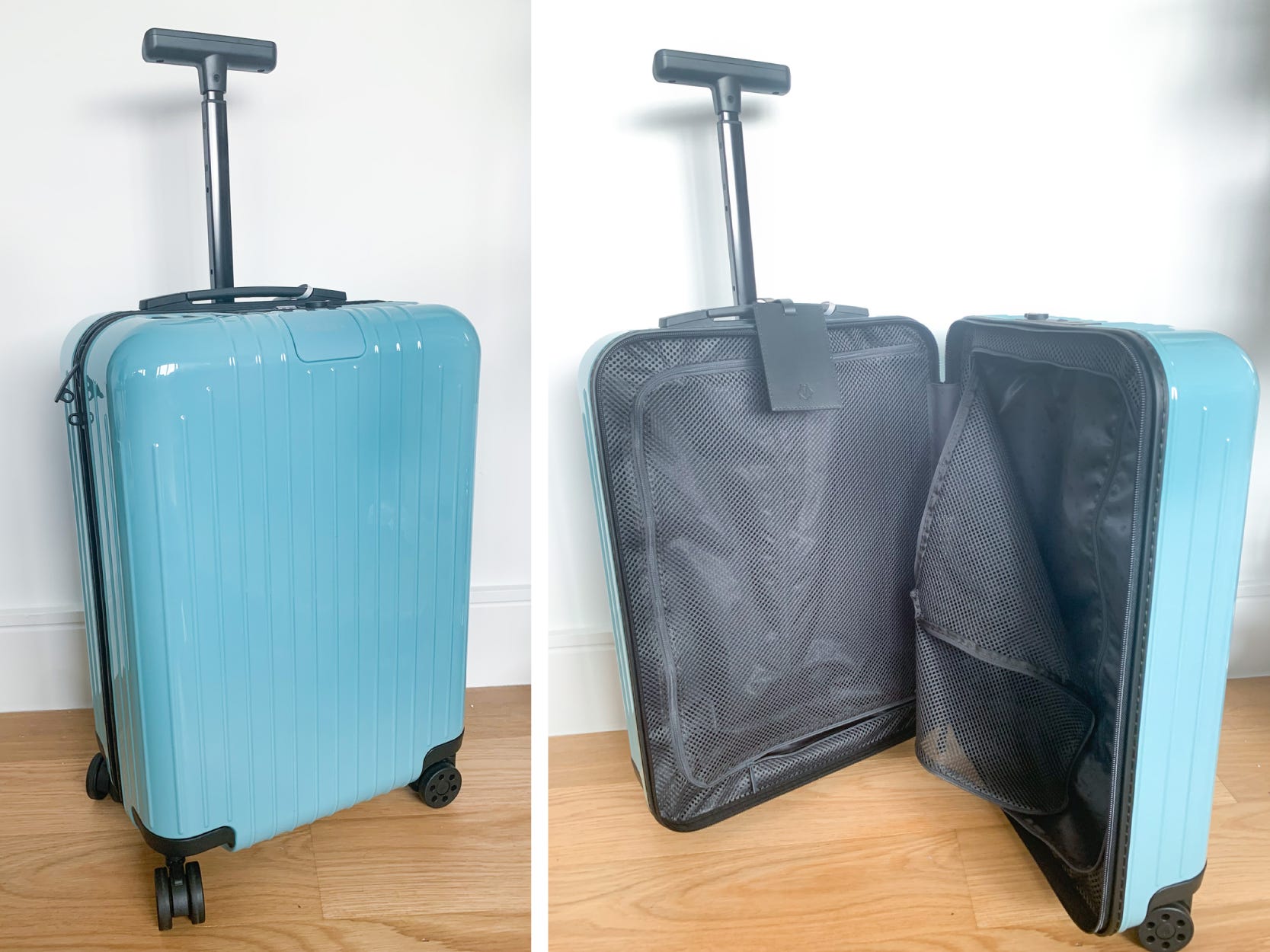 Best carry-on luggage - blue rimowa essential lite carry-on suitcase side by side shut and open