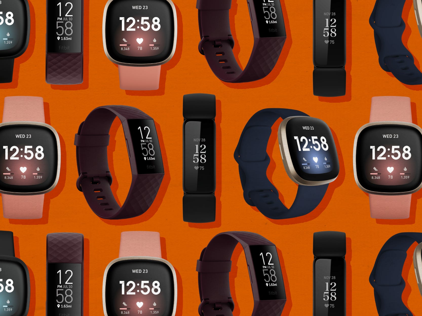 Several FitBits on Orange Background - FitBit Deals Amazon Prime Day 2021