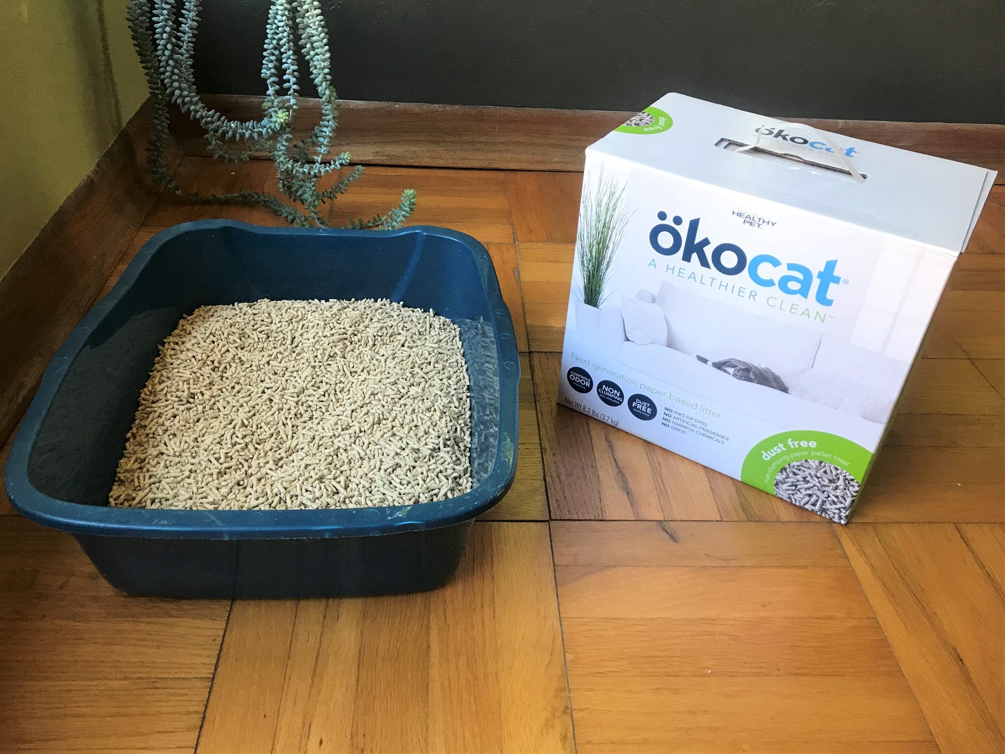 a litter box filled with Ökocat Non-Clumping Paper Pellet Litter and the box of litter beside it
