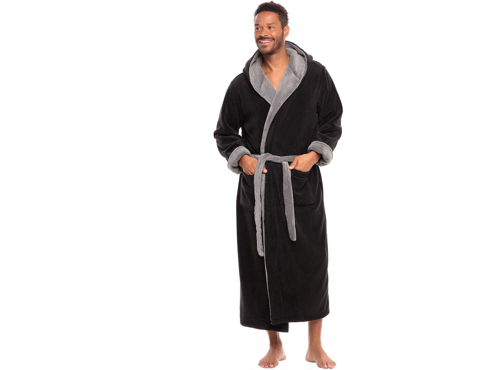 A man wearing a black and grey bathrobe from Alexander Del Rosso