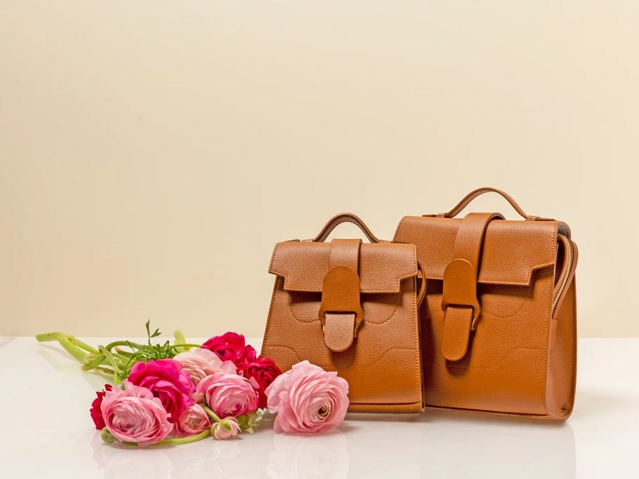 The Senreve Alunna convertible handbag that goes from a purse to a backpack, in a chestnut color and with flowers to the side