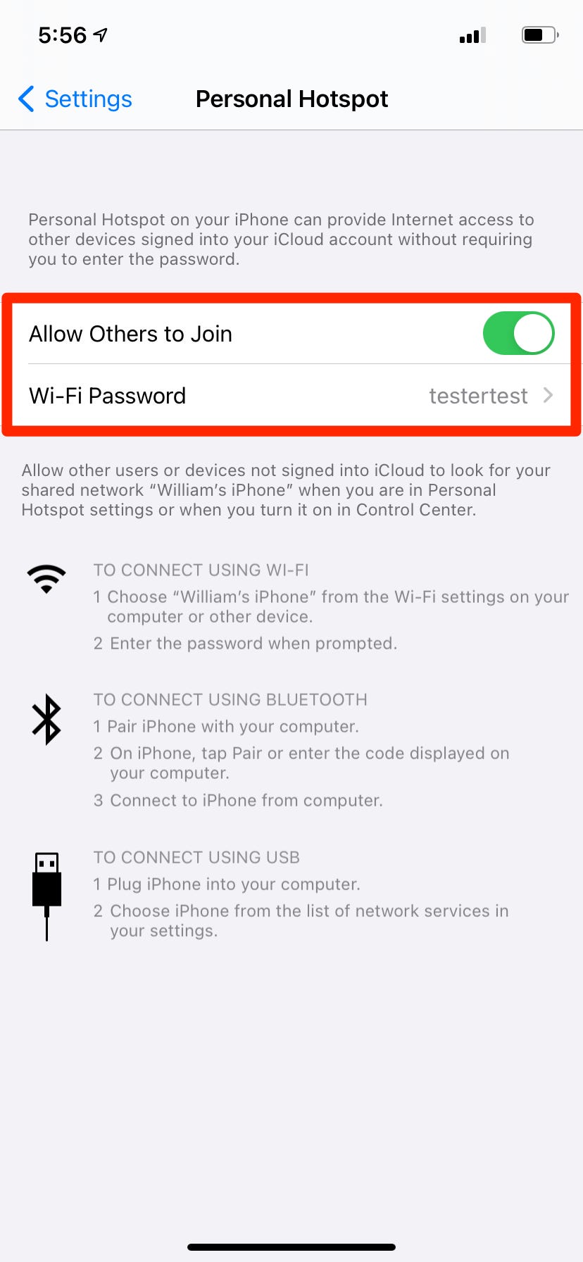 iphone personal hotspot menu with hotspot enabled