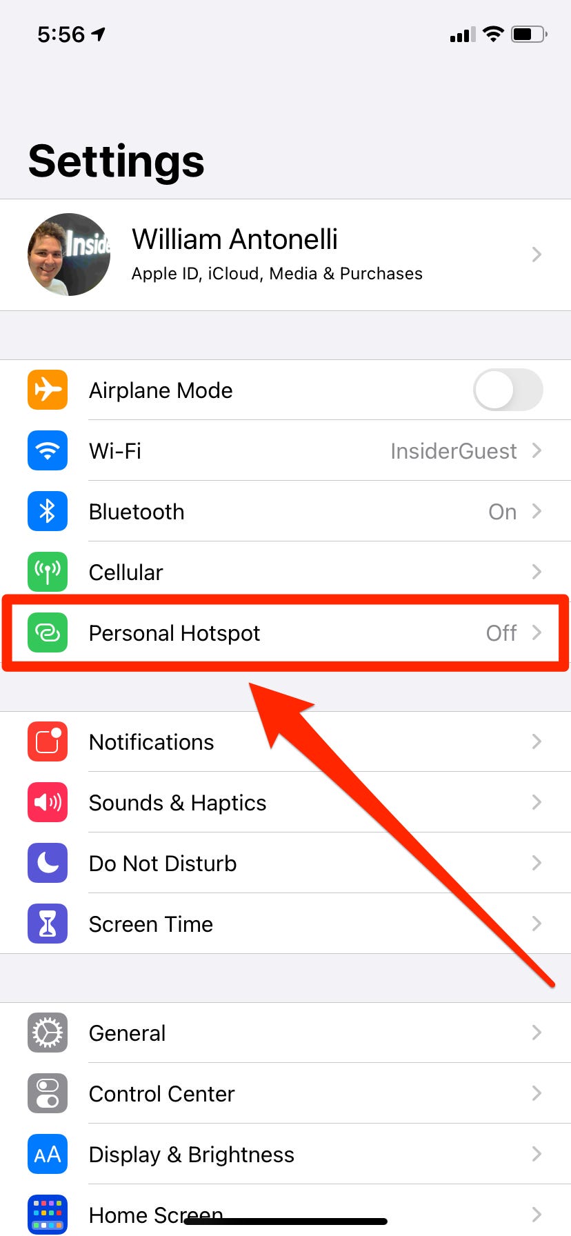 iphone settings with personal hotspot selected