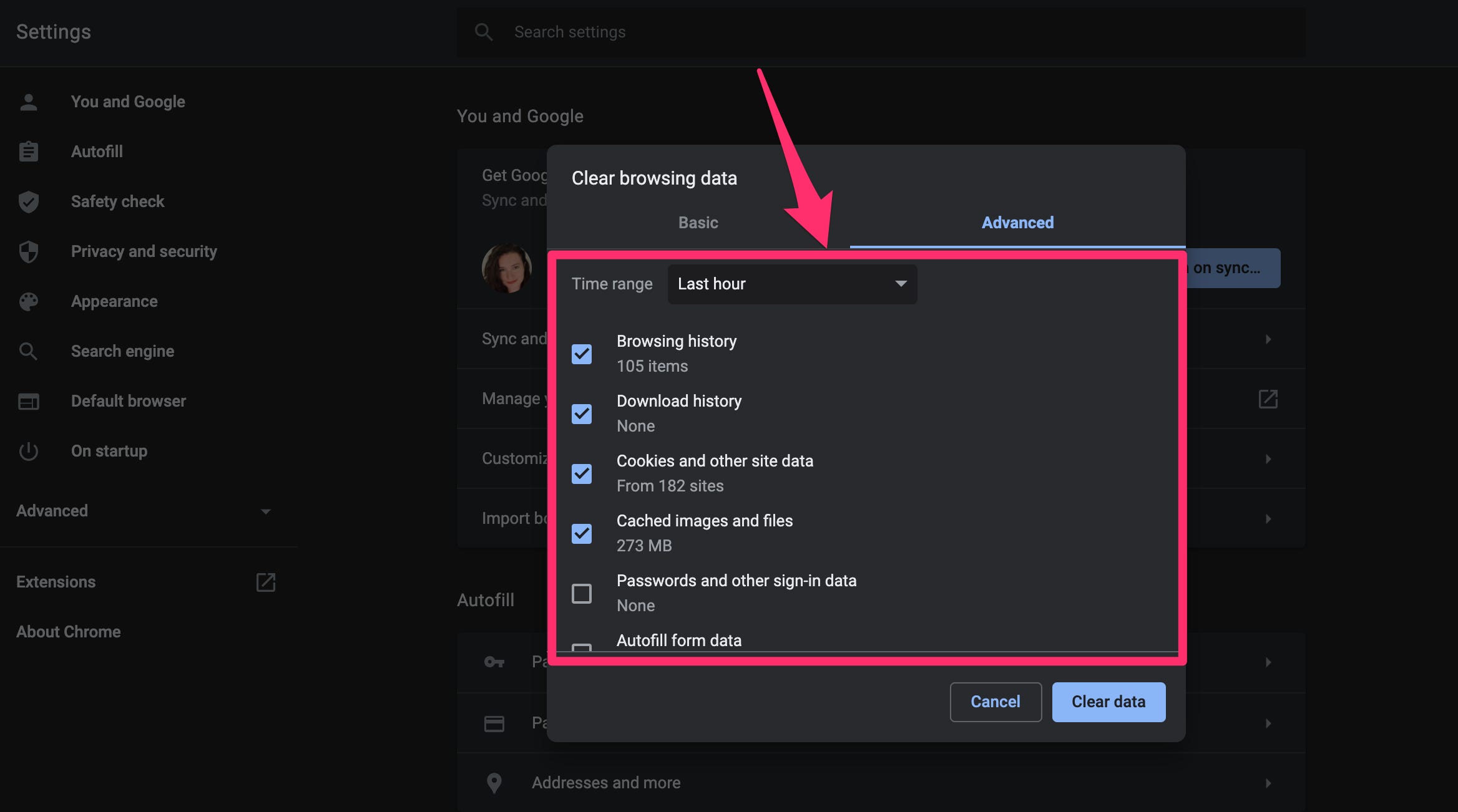 Chrome desktop app clear browsing data pop-up menu