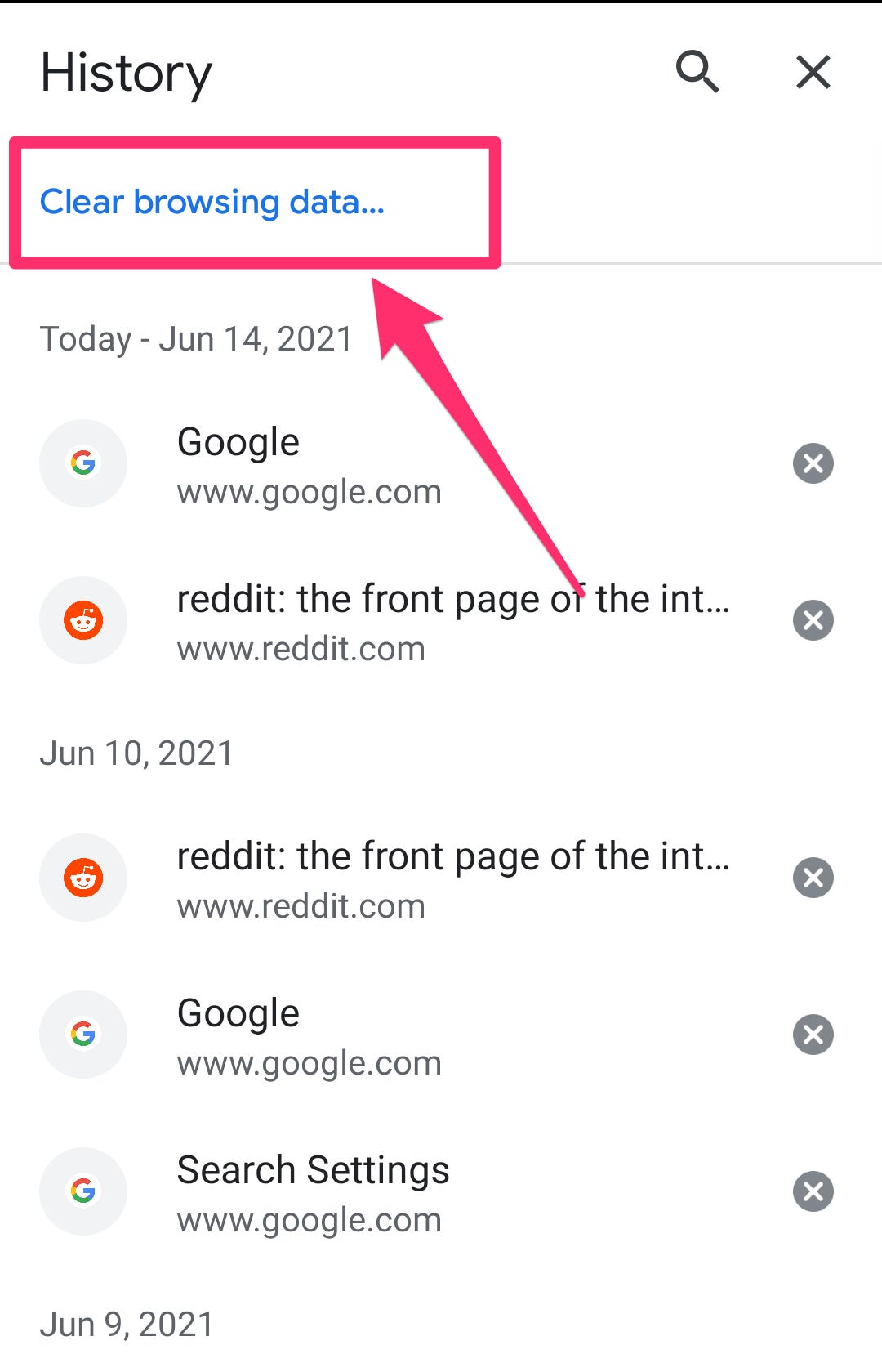 Android Chrome app History page