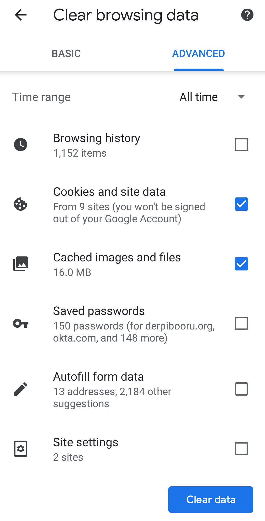 Android Chrome app clear browsing data page