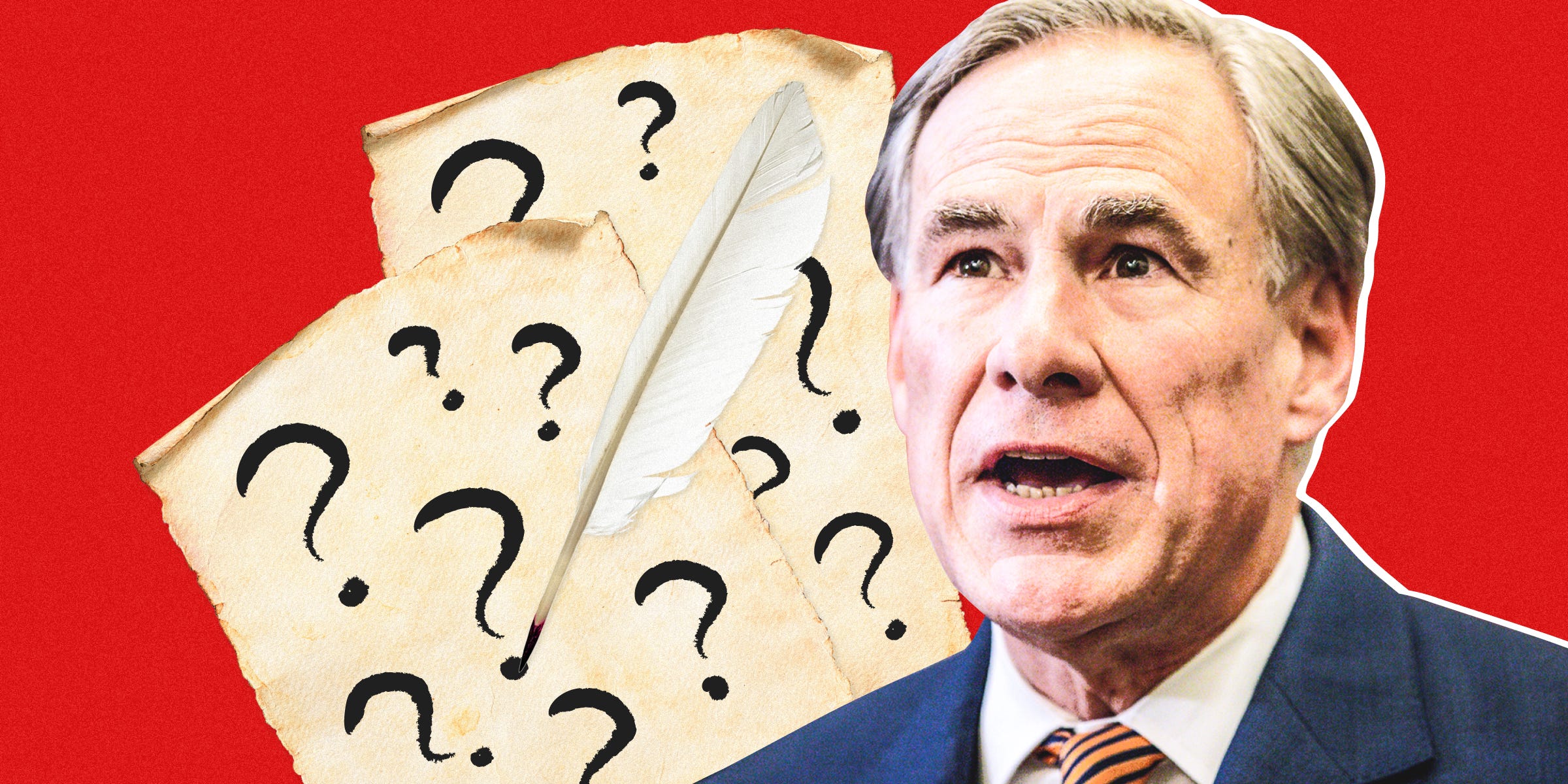 Texas governor Greg Abbott with a feather quill drawing question marks on pieces of old parchment paper on a red background