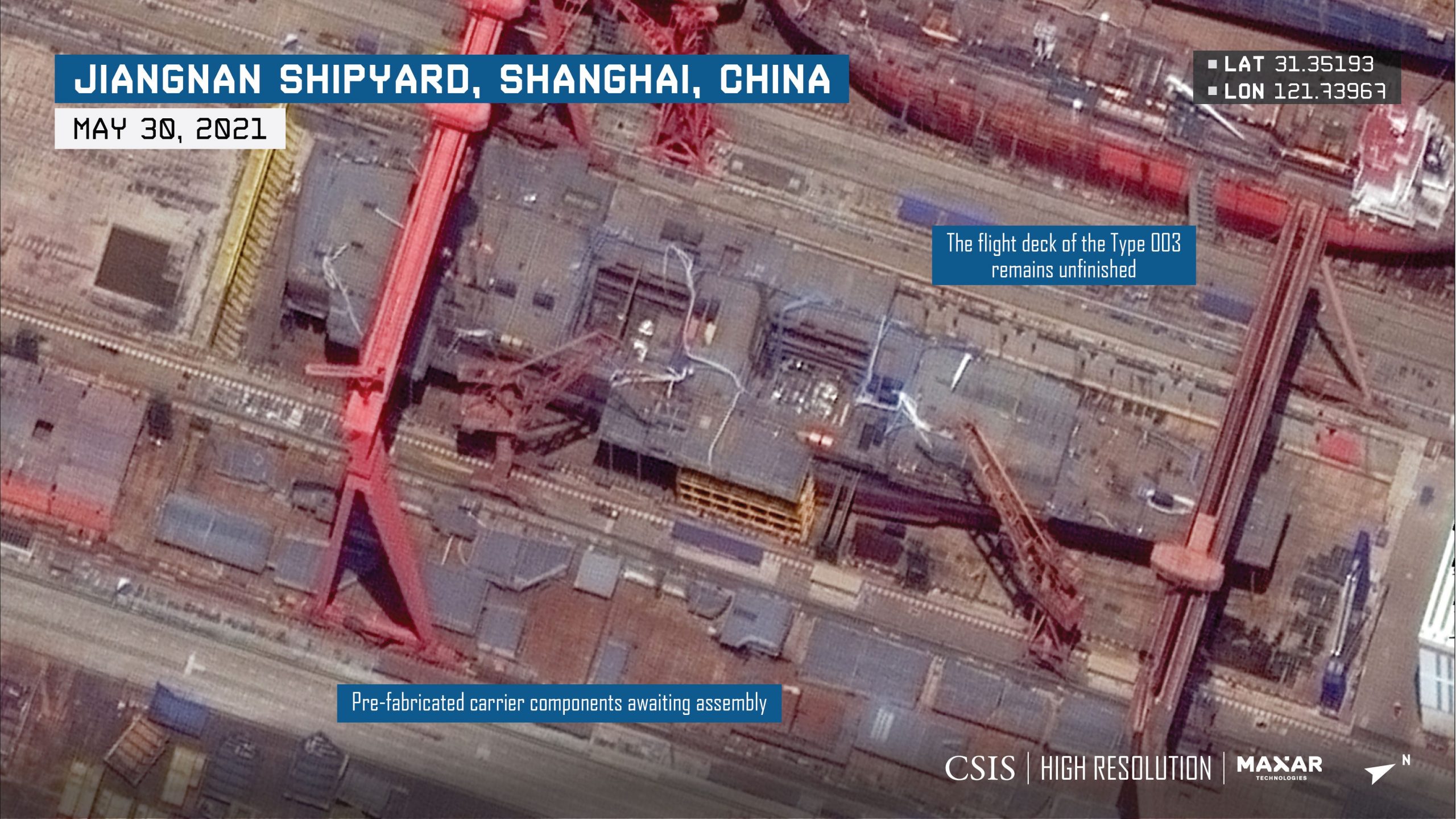 Satellite image of China's third carrier under construction