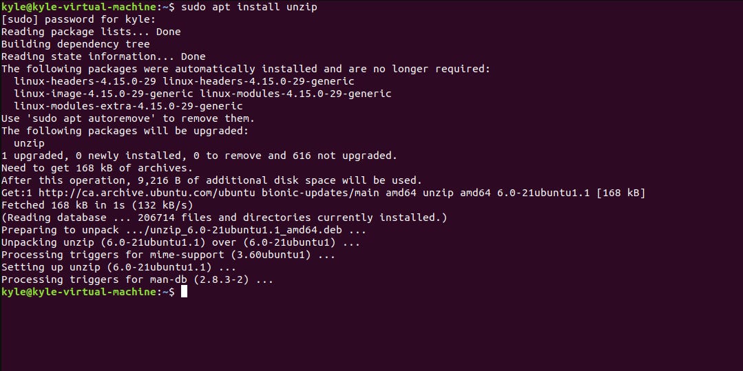 linux command terminal with the "install unzip" command entered and processed