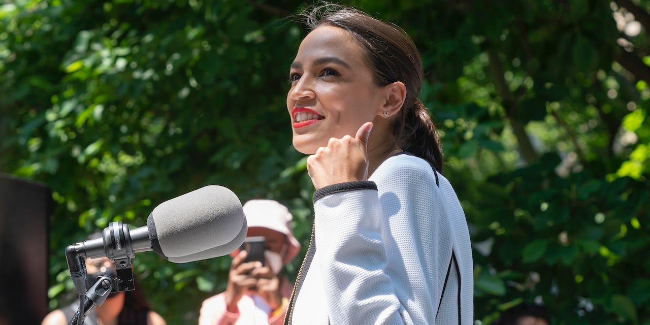 Rep. Alexandria Ocasio-Cortez speaks at the rally where she endorsed progressive candidates in upcoming election for city wide offices in City Hall Park.