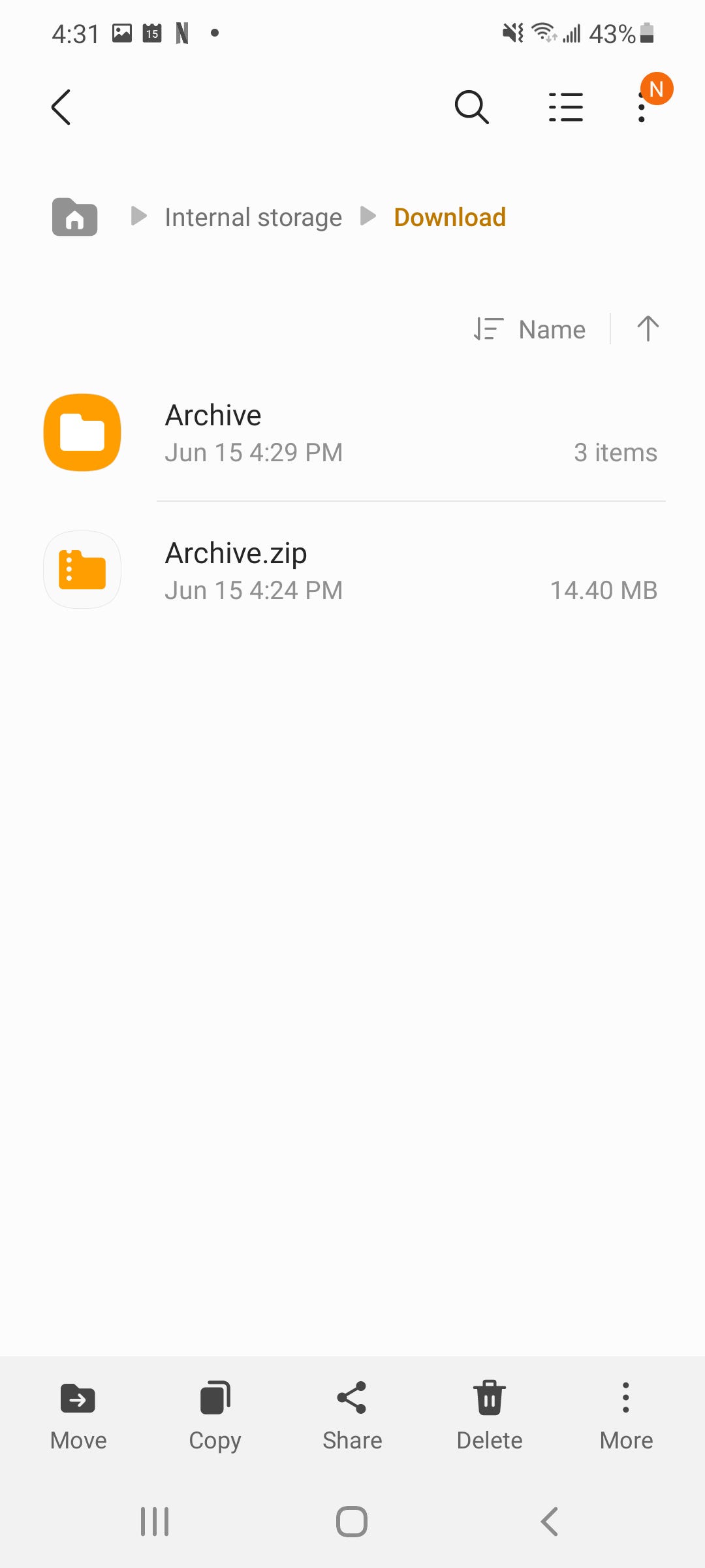 samsung android files app, with two files visible: a ZIP file called "Archive.zip" and a folder called "Archive."
