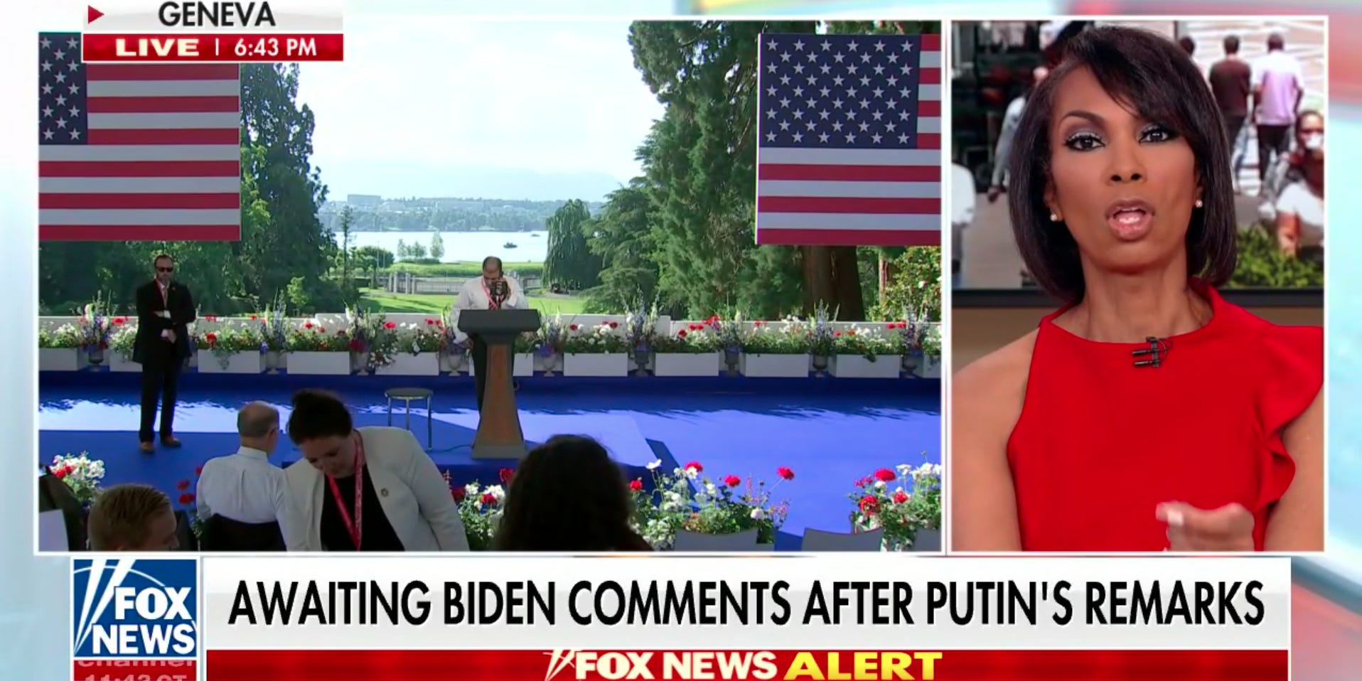 Fox News anchor Harris Faulkner reacts to Russian President Vladimir Putin's solo press conference in Geneva, Switzerland. A chyron underneath her reads "Awaiting Biden comments after Putin's remarks."