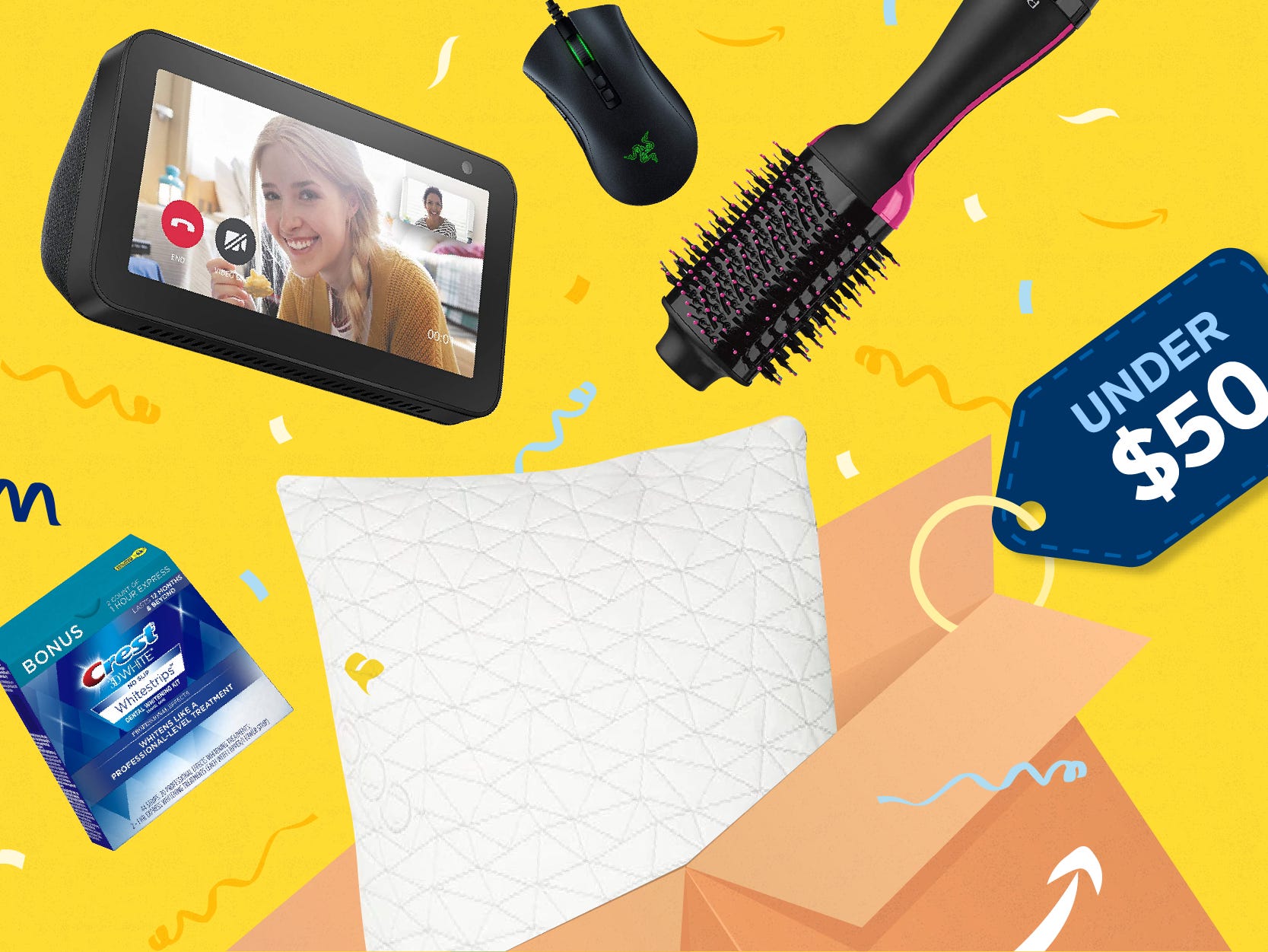 Box of Amazon Prime day deals under 50 dollars products, featuring Crest 3D Whitestrips, Coop Home Goods pillow, and Echo Show 5