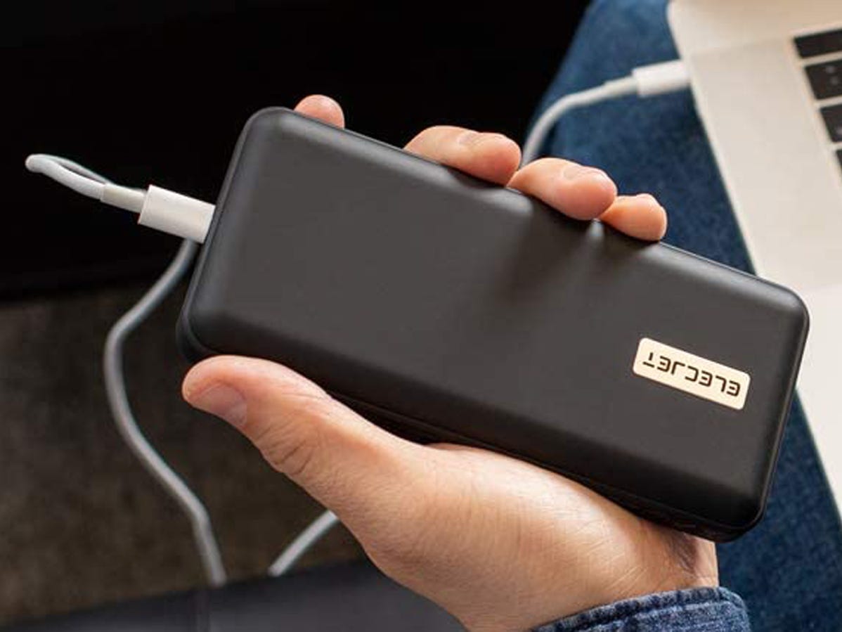 eleject portable charger plugged into laptop and phone