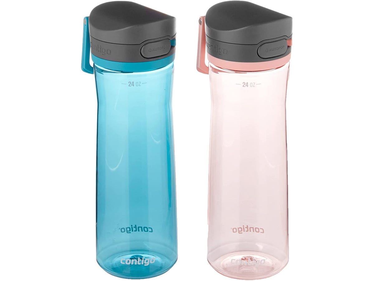 A pink and a blue Contigo Water Bottle on a white background