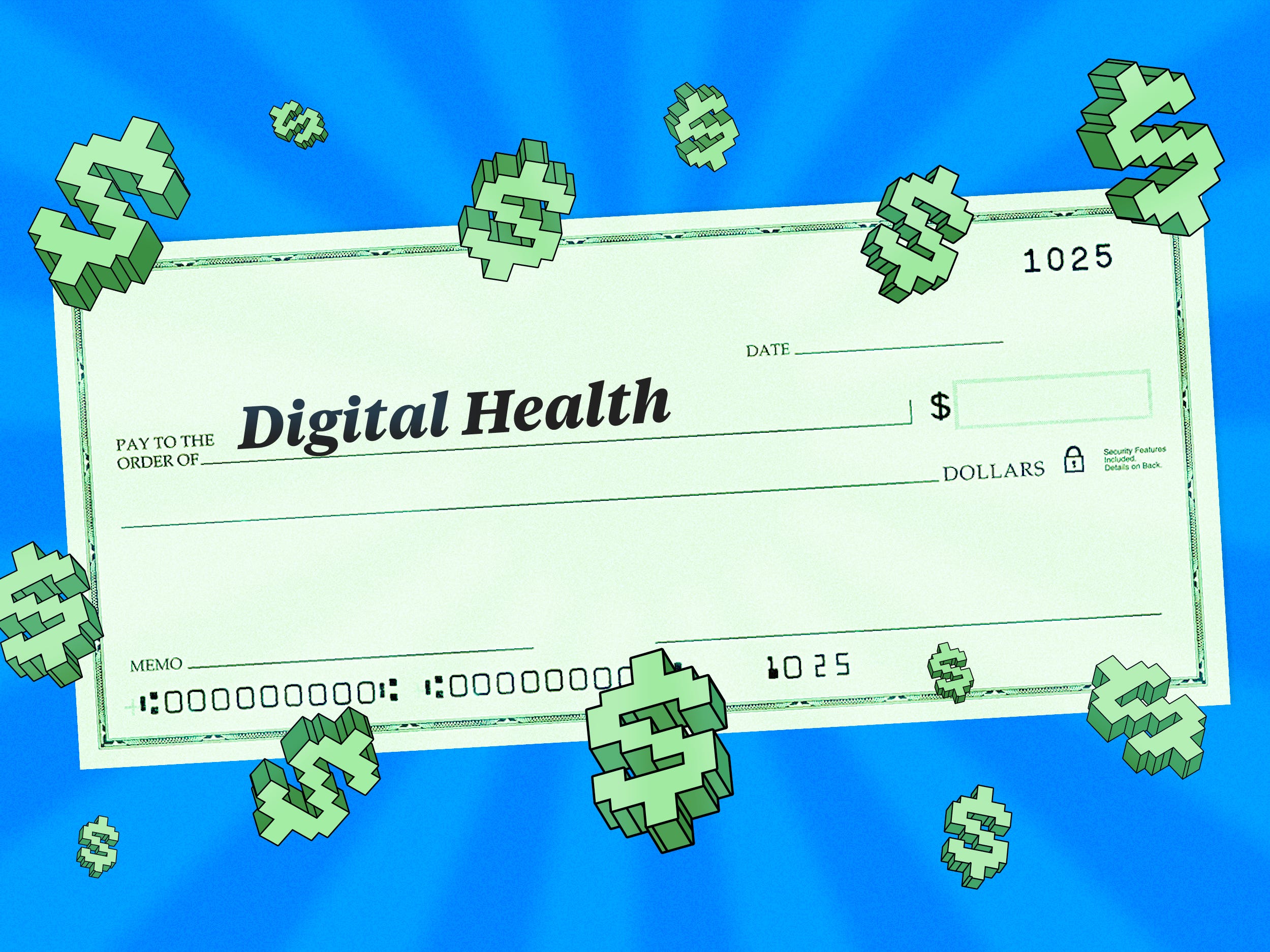 A check with the words "paid to the order of digital health" written on it surrounded by dollar signs on a blue background.