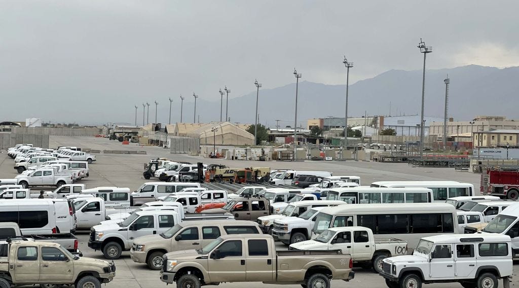 A general view of vehicles that were left after the US forces left Bagram airfield in the north of Kabul, Afghanistan
