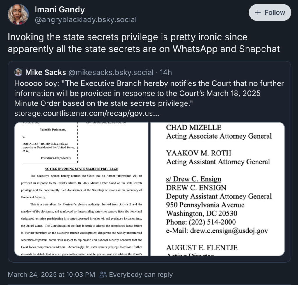 ‘DMs are open!’ Trump DOJ mocked over ‘state secrets’ legal claim — as state secrets leak (rawstory.com)